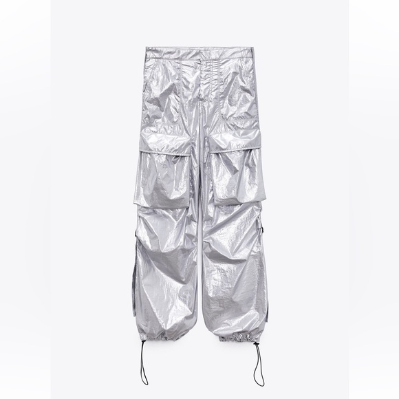Zara Pants - Zara | Metallic Silver Parachute Cargo Pants
